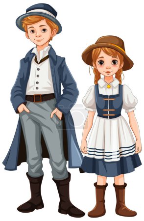 Ilustración de Una ilustración de dibujos animados vectoriales de un hombre y una mujer vestidos con ropa vintage - Imagen libre de derechos