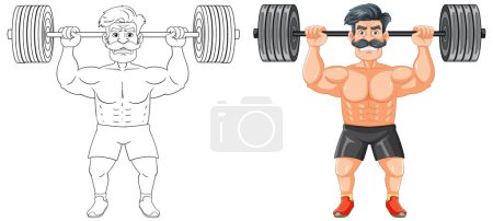Ilustración de Una ilustración de dibujos animados de un hombre musculoso con un bigote levantando pesas - Imagen libre de derechos