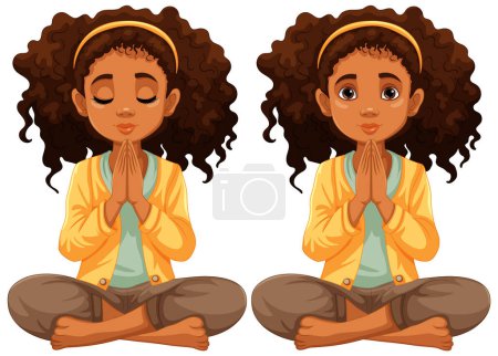 Téléchargez les illustrations : Une femme aux cheveux bouclés s'engage dans la prière et la méditation - en licence libre de droit