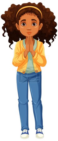 Ilustración de Una mujer de piel morena y pelo rizado se para en oración con los ojos abiertos - Imagen libre de derechos