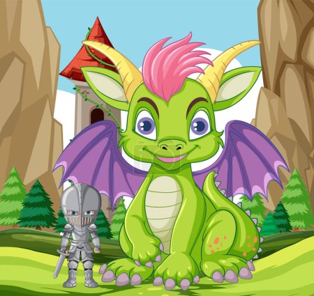 Illustration for Cute Dragon with Knight in Cartoon Style illustration - Royalty Free Image