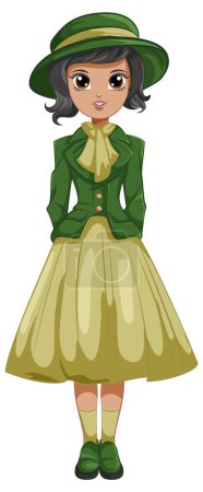 Illustration for A vector cartoon illustration of a Western girl wearing a vintage Victorian outfit - Royalty Free Image