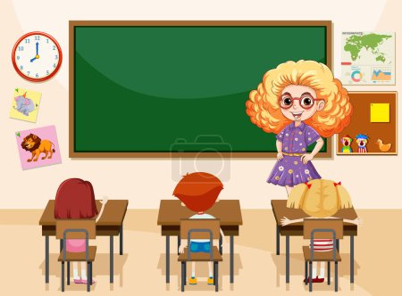 Téléchargez les illustrations : Un enseignant se tient devant une salle de classe remplie d'élèves assis à leur bureau - en licence libre de droit