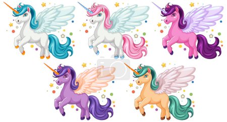 Illustration for A cheerful illustration of a group of unicorns in cartoon style - Royalty Free Image