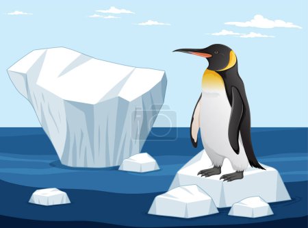 Illustration for A vector cartoon illustration of a penguin standing on a sheet of ice in the Arctic - Royalty Free Image