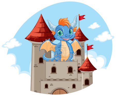 Ilustración de Dragón en el castillo en ilustración de estilo de dibujos animados - Imagen libre de derechos