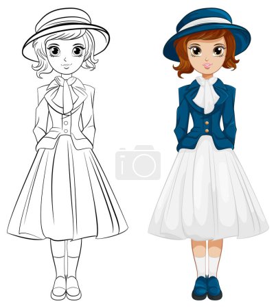 Illustration for A beautiful woman stands in a classic Victorian outfit, wearing a hat - Royalty Free Image
