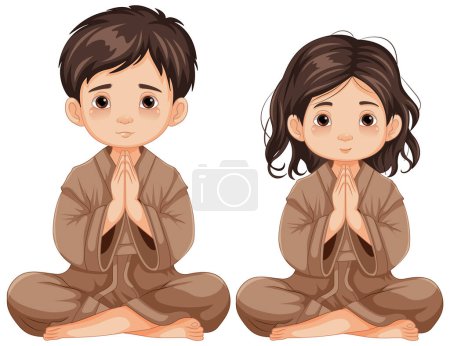 Illustration for A vector cartoon illustration of a boy and girl sitting and praying - Royalty Free Image