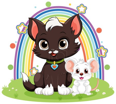 Ilustración de Gato lindo con ratón en ilustración de estilo de dibujos animados - Imagen libre de derechos