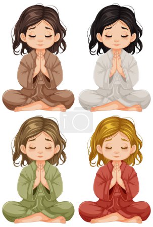 Illustration for Four girls are sitting in different colored clothes and praying in meditation - Royalty Free Image