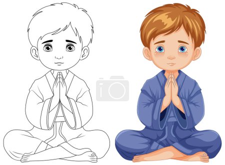 Illustration for A cartoon illustration of a boy sitting and praying in meditation - Royalty Free Image