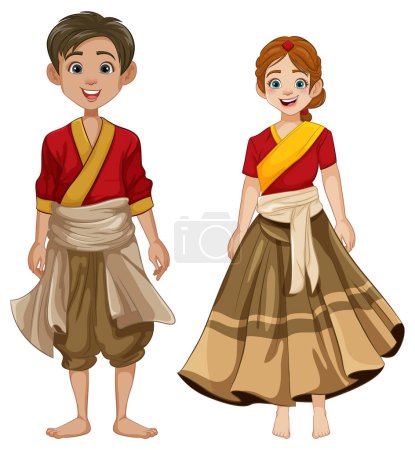 Téléchargez les illustrations : Une illustration animée de style dessin animé d'un homme et d'une femme en costume indien traditionnel - en licence libre de droit