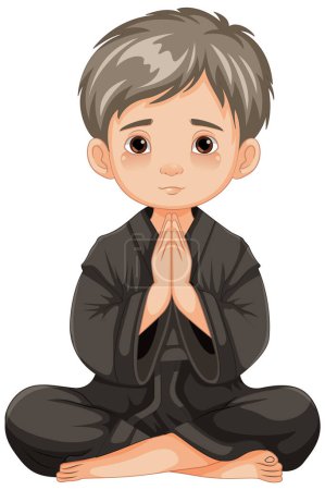 Ilustración de Una ilustración de dibujos animados de un niño sentado y rezando en una pose meditativa - Imagen libre de derechos