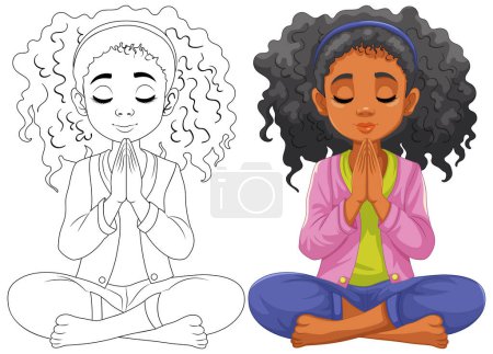 Téléchargez les illustrations : Une femme à la peau brune et aux cheveux bouclés assise en méditation - en licence libre de droit