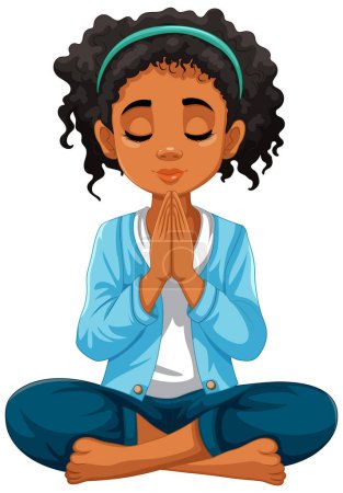 Illustration for A woman with brown skin and curly hair sitting in meditation - Royalty Free Image