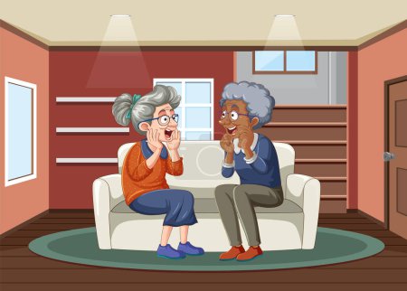 Illustration for An elderly friend of a different race is talking about an exciting topic at home - Royalty Free Image
