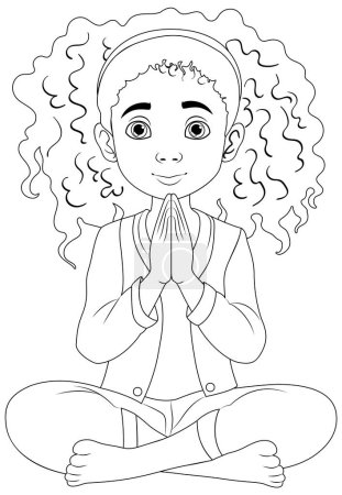 Illustration for A woman with curly hair sits in meditation, praying with her eyes open - Royalty Free Image