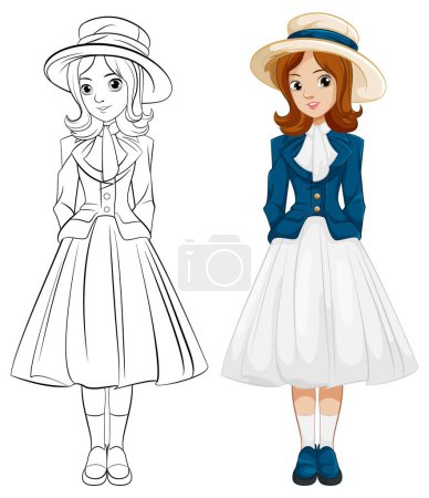 Illustration for A beautiful woman stands in a classic Victoria vintage outfit, wearing a hat - Royalty Free Image