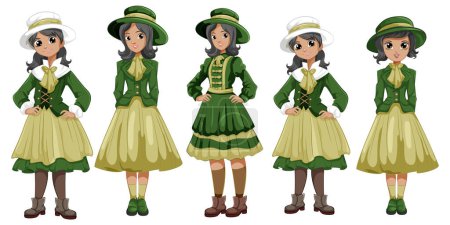 Ilustración de Ilustración de niñas y mujeres en varios vestidos verdes vintage - Imagen libre de derechos