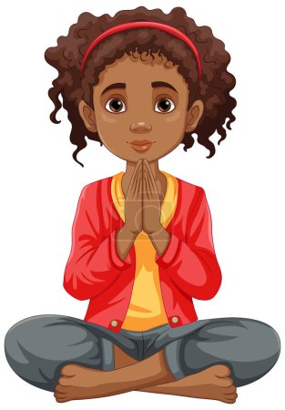 Illustration for A woman with brown skin sits in meditation, praying with her eyes open - Royalty Free Image
