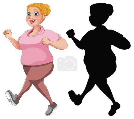 Illustration for A cartoon illustration of an overweight woman running alongside her silhouette - Royalty Free Image