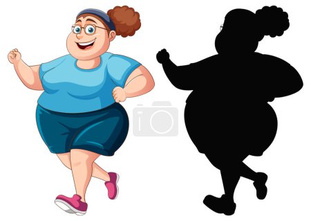 Illustration for A cartoon illustration of an overweight woman running with a silhouette - Royalty Free Image