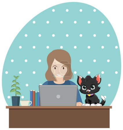Illustration for Woman working at the table with a cat illustration - Royalty Free Image