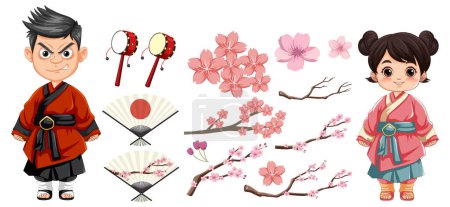 Téléchargez les illustrations : Illustration vectorielle de dessin animé de fille et garçon asiatiques avec fleur de cerisier et ventilateur - en licence libre de droit