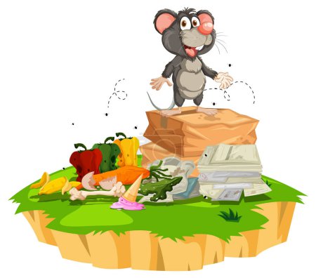 Ilustración de Una ilustración vectorial de dibujos animados de un ratón callejero sucio parado sobre un montón de basura - Imagen libre de derechos