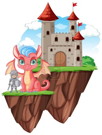 Téléchargez les illustrations : Dragon mignon avec chevalier debout devant le château illustration - en licence libre de droit