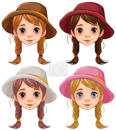 Ilustración de Cuatro mujeres con trenzas y sombreros sonríen felices, sus rostros llenos de alegría - Imagen libre de derechos