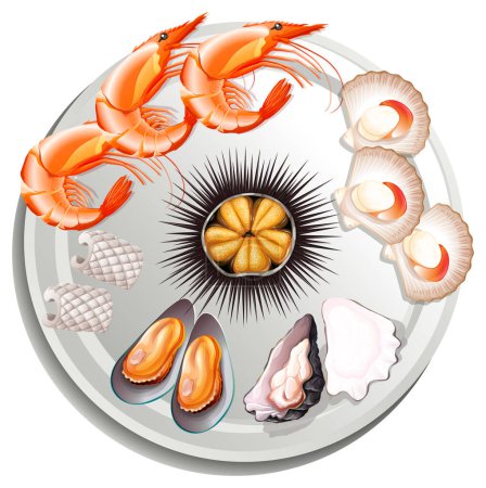 Ilustración de Una deliciosa variedad de delicias de mariscos en bandeja - Imagen libre de derechos