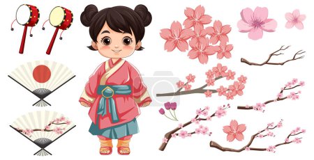 Vector illustration of an Asian girl with cherry blossom and fan
