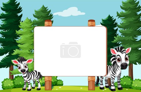 Illustration for A vector cartoon illustration of a zebra with a forest background border - Royalty Free Image