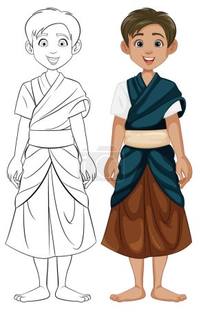 Téléchargez les illustrations : Personnages colorés de dessins animés représentant des hommes d'Asie du Sud-Est en tenue traditionnelle - en licence libre de droit