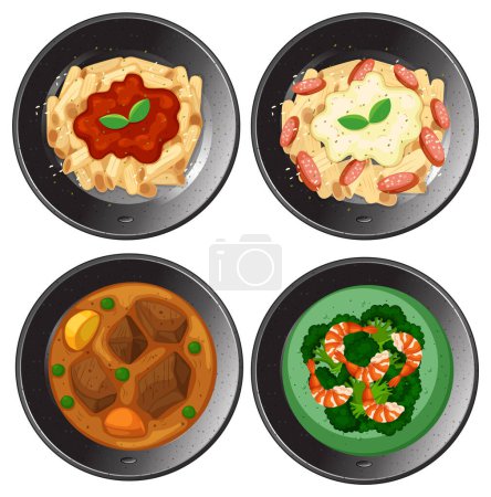 Illustration for A mouthwatering assortment of Western dishes including pasta, stew, and prawn salad - Royalty Free Image