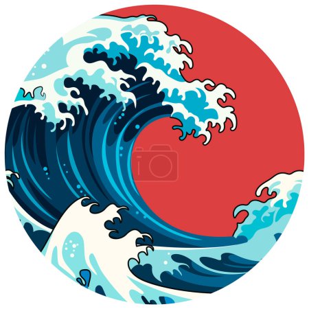 Téléchargez les illustrations : Style de peinture traditionnelle japonaise de vague sous le signe rouge du soleil du drapeau du Japon avec icône de fond rétro bande dessinée - en licence libre de droit