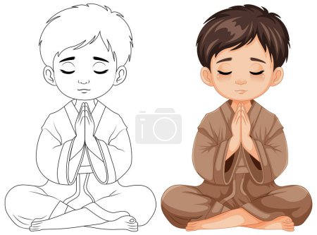 Téléchargez les illustrations : Une illustration de dessin animé d'un garçon assis et priant les yeux fermés, méditant - en licence libre de droit