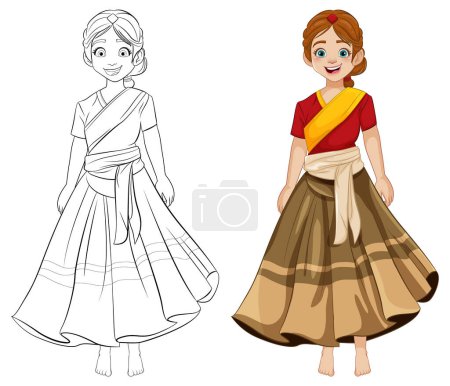 Téléchargez les illustrations : Illustration vectorielle d'une femme joyeuse en costume indien - en licence libre de droit