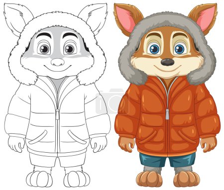 Téléchargez les illustrations : Un personnage de dessin animé mignon renard habillé d'un manteau d'hiver - en licence libre de droit