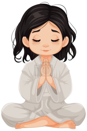 Ilustración de Una ilustración vectorial de dibujos animados de una joven sentada y rezando en meditación - Imagen libre de derechos