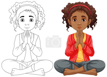 Téléchargez les illustrations : Une femme à la peau brune aux cheveux bouclés s'assoit en méditation, priant les yeux ouverts - en licence libre de droit
