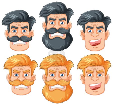 Illustration for A vector cartoon illustration of a group of hipster men with different facial expressions - Royalty Free Image