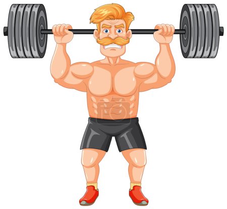 Ilustración de Un hombre musculoso hipster con bigote levanta pesas en una ilustración de dibujos animados vectoriales - Imagen libre de derechos