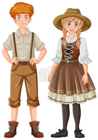 Illustration for A cartoon illustration of a man and woman wearing traditional German Bavarian clothing - Royalty Free Image