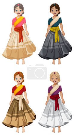 Illustration for A set of joyful women wearing traditional Indian attire - Royalty Free Image