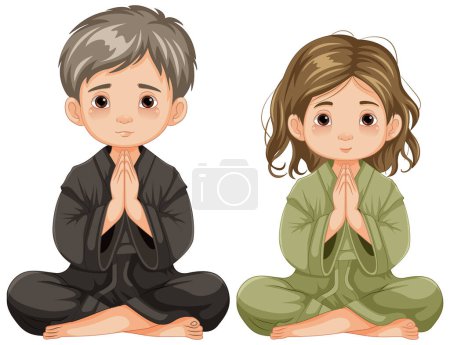 Illustration for A cartoon illustration of a boy and girl sitting and praying together - Royalty Free Image
