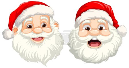 Téléchargez les illustrations : Deux illustrations heureuses et souriantes du Père Noël dans un style de dessin animé vectoriel - en licence libre de droit