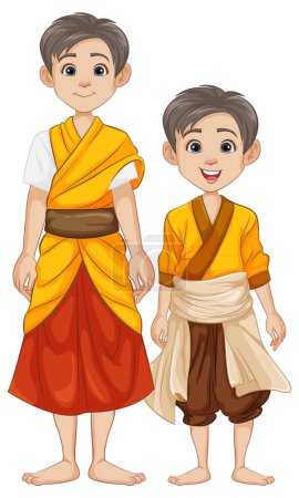 Téléchargez les illustrations : Personnages vectoriels de dessins animés de frères thaïlandais et cambodgiens en tenue traditionnelle - en licence libre de droit