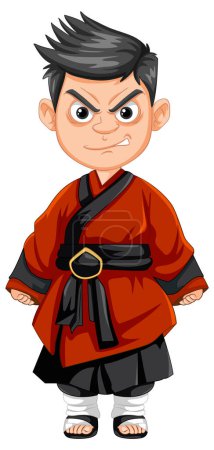 Illustration for A vector cartoon illustration of an angry Asian ninja boy wearing traditional clothing - Royalty Free Image